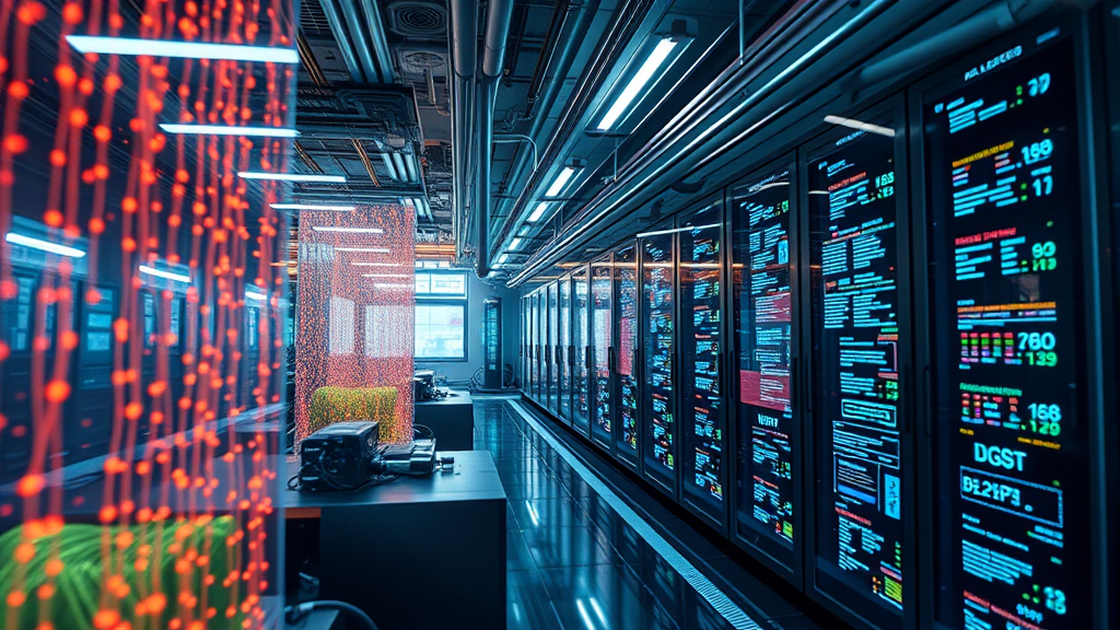 Server Room Data Technology Blue Neon Lights Hallway