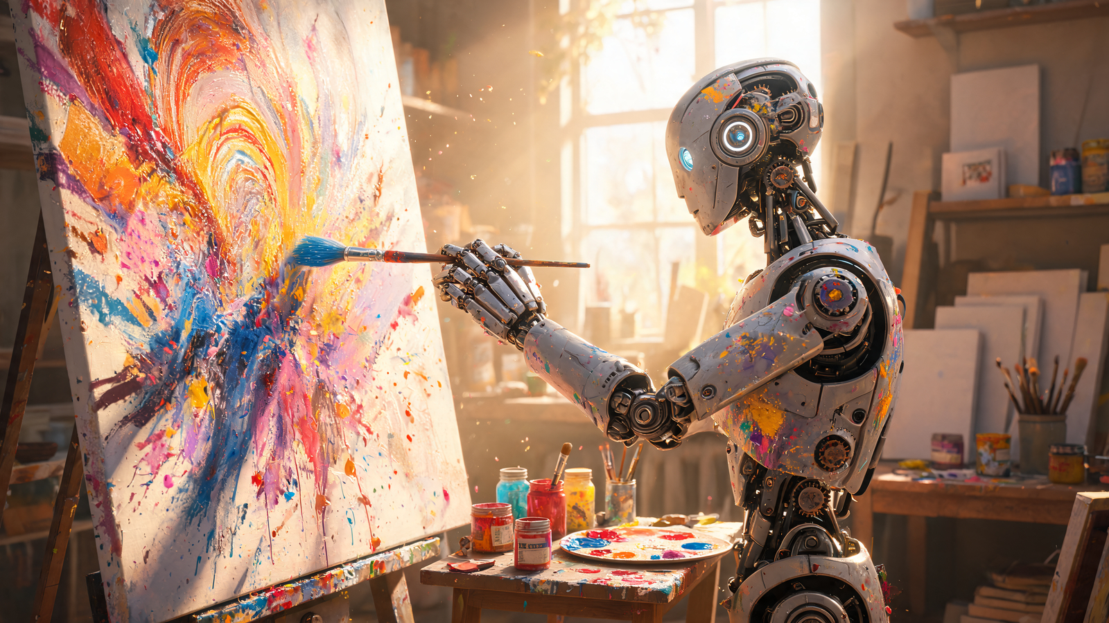 Robot Artist Painting Abstract Art in Studio, Futuristic Creative Concept