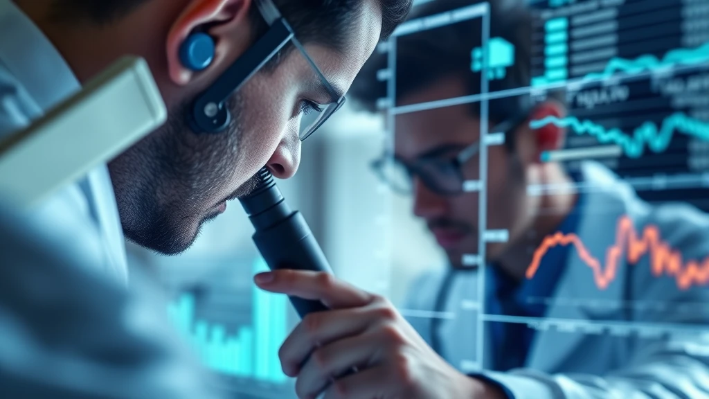 Scientist looking into microscope with data charts on screen