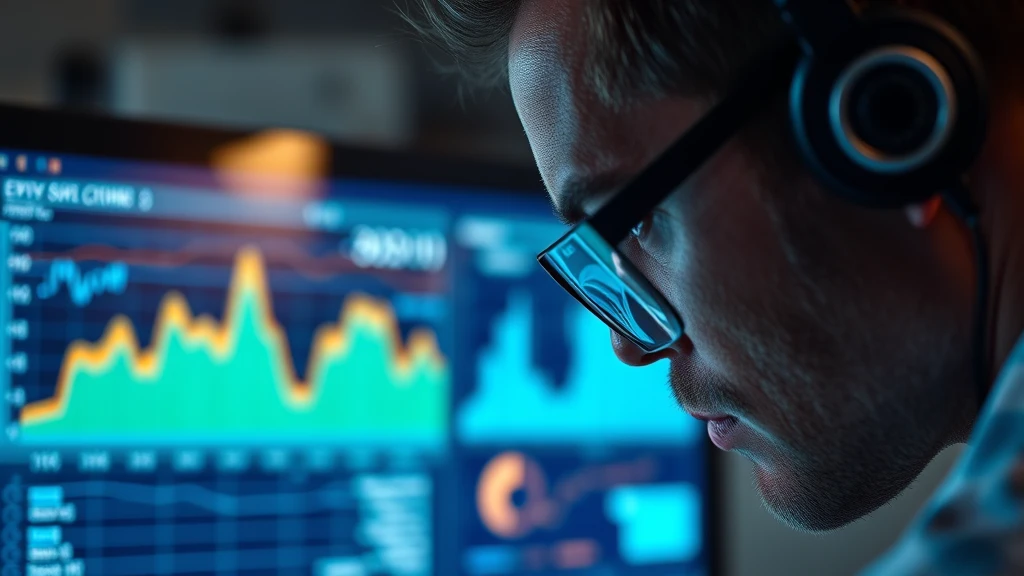 Man looking at financial charts on computer screens with headphones