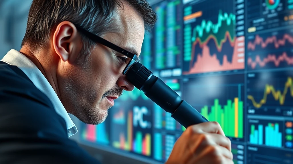 Man examines stock charts with microscope on digital screen