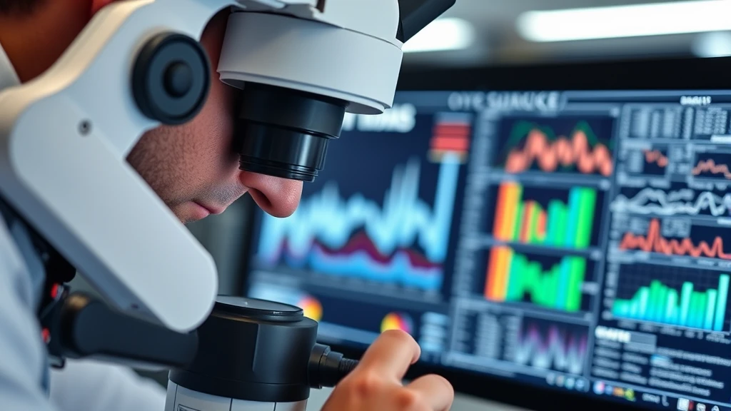Scientist uses microscope to view data on computer screen