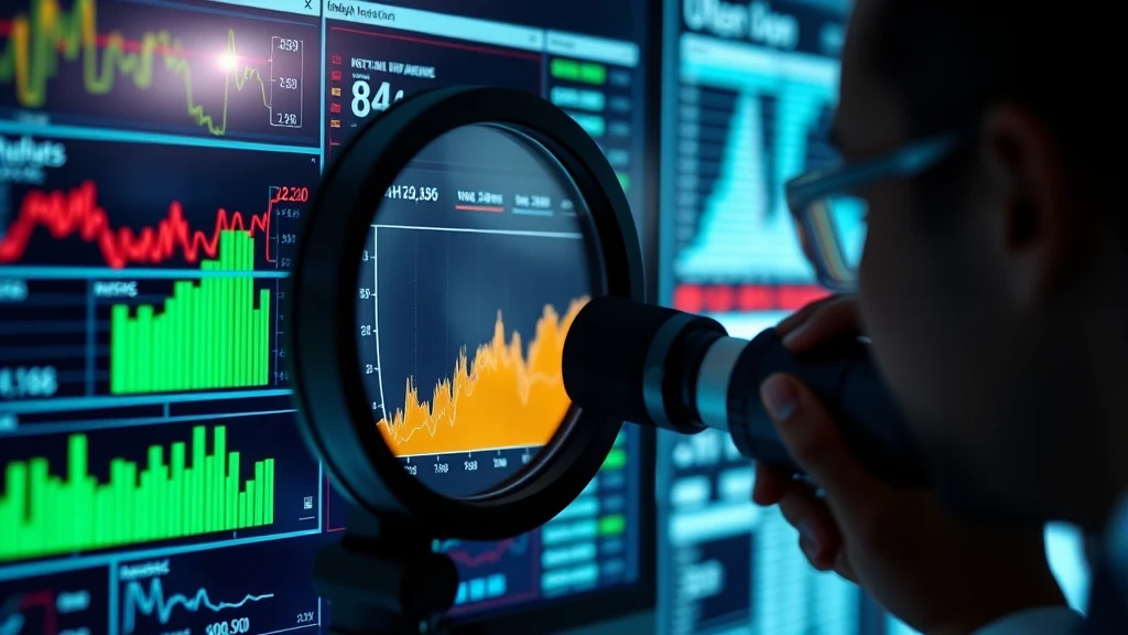Stock chart analysis with magnifying glass on screen