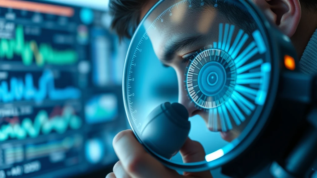 Tech analyst examining data screen with futuristic magnifying glass on digital display