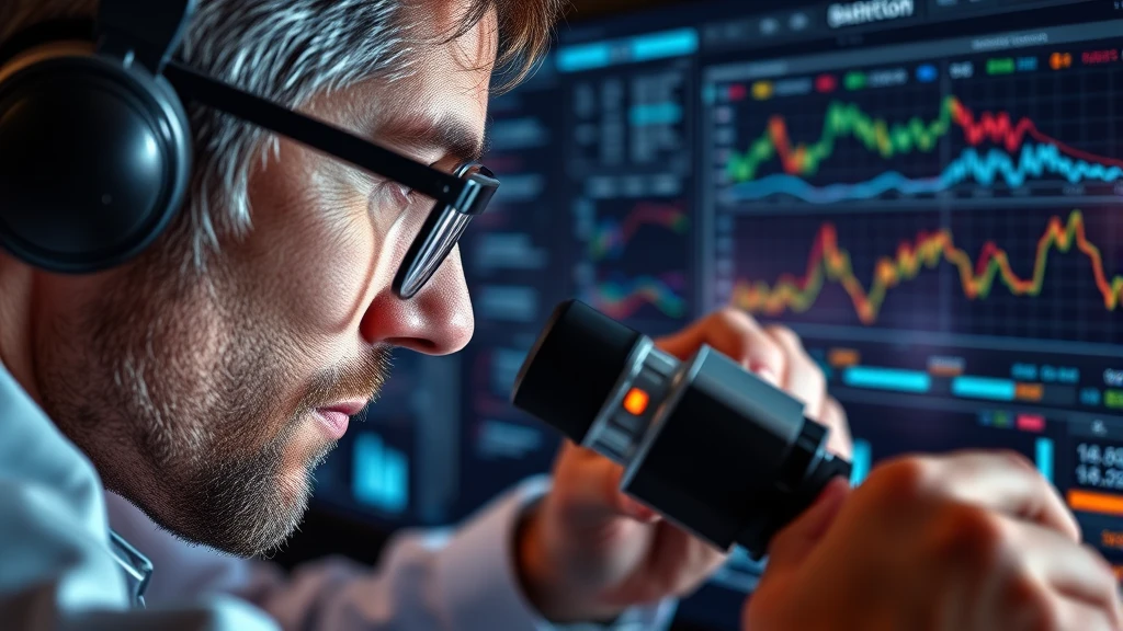 Man with headphones looks at stock charts on computer screen