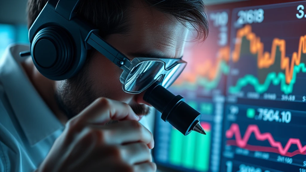 Man using microscope over stock charts, digital finance analysis screen