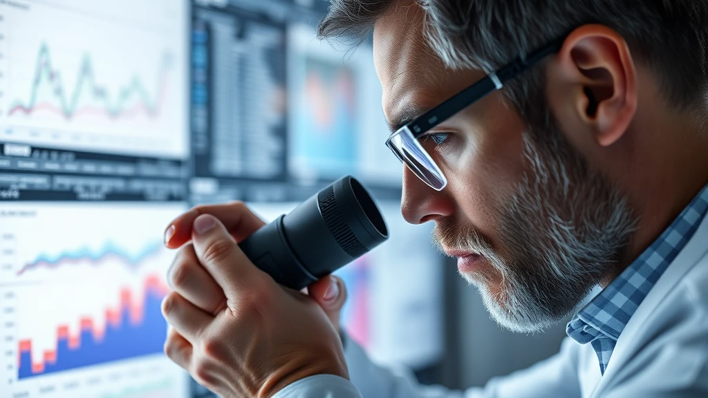 Man with microscope analyzes data charts on screens