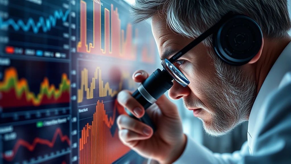 Stock trader analyzing financial data on screen with magnifying glass