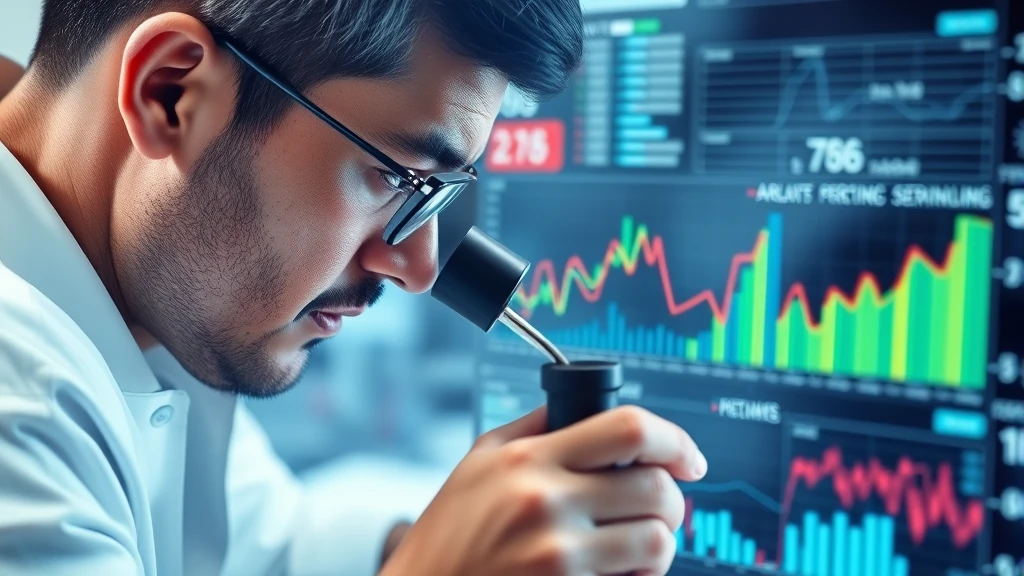Man examining graphs on screen with microscope for research and data analysis