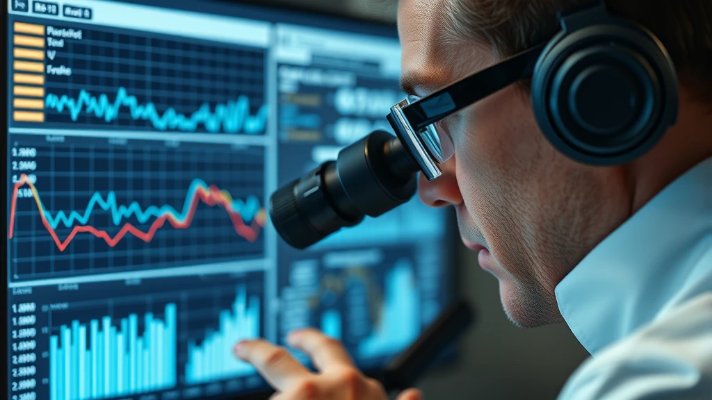 Data analyst looking at graphs on a screen with headphones and glasses