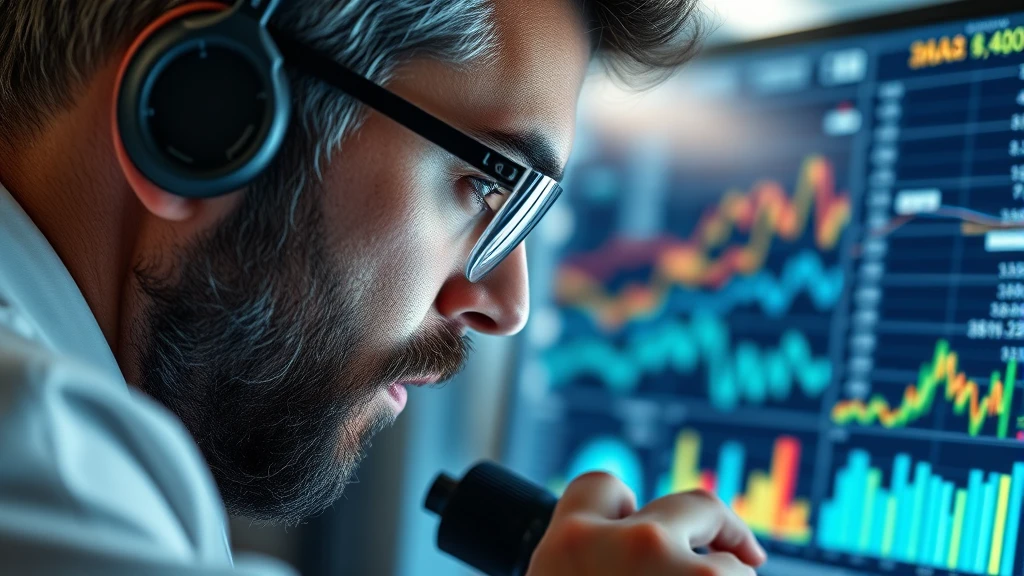 Man with headphones studies stock charts on computer screen, focused business analysis