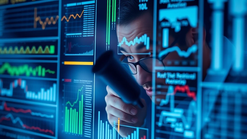 Man analyzes stock market data charts on glowing blue screens at night