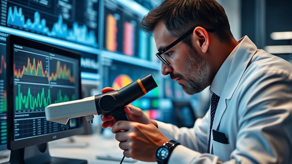 Scientist uses handheld scanner in lab with data screens