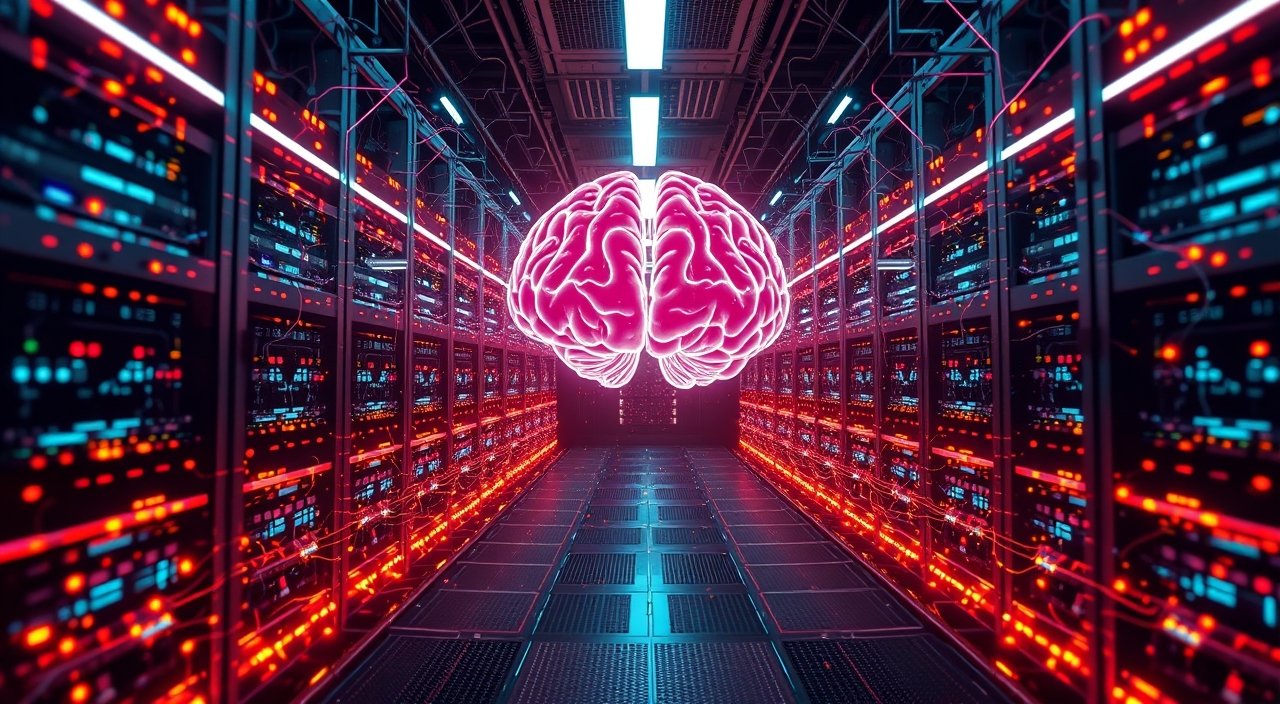 Artificial intelligence model training on massive datasets, glowing neural networks, digital brain…