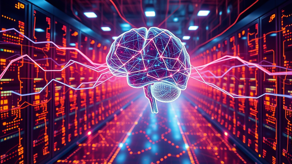 Artificial intelligence model training on massive datasets, glowing neural networks, digital brain…