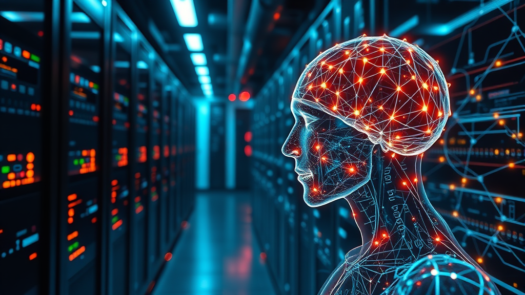 AI brain in server room, digital world concept