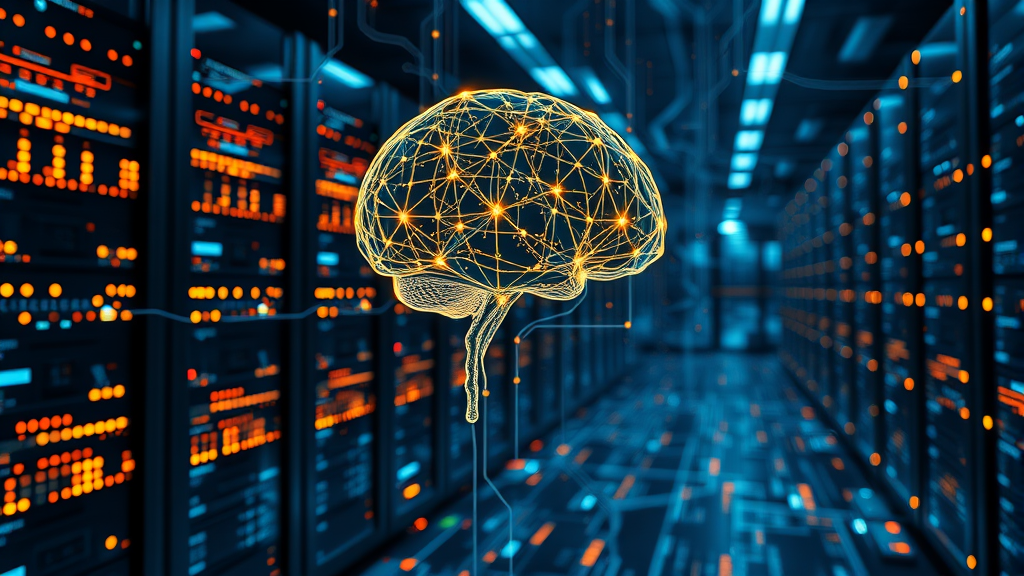 Artificial intelligence model training on massive datasets, glowing neural networks, digital brain…