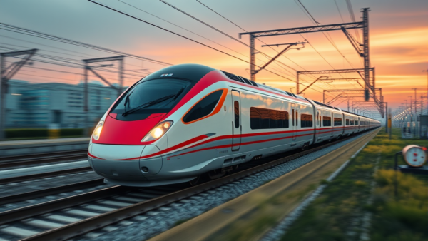 high speed train red white side view sunset travel motion blur