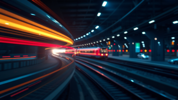 Fast train blur light streaks at station with motion effect