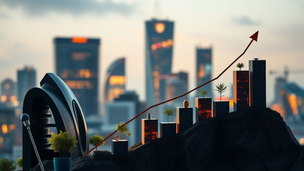 Financial growth chart showing rising profits with city background