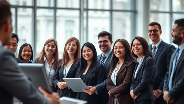 Diverse business team meeting smiling and collaborating in modern office