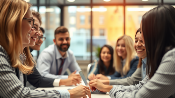 Diverse business team meeting, people smiling and collaborating in office