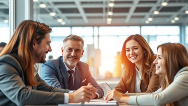 Happy business team meeting smiling around table office success