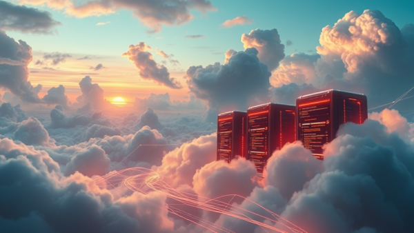Cloud server racks in sky sunrise data connection concept