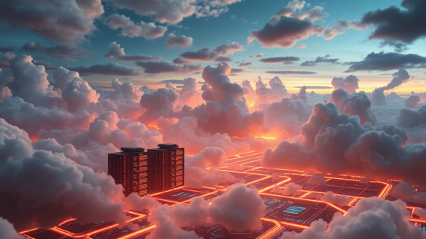Cloud city skyscrapers with glowing circuits at sunset