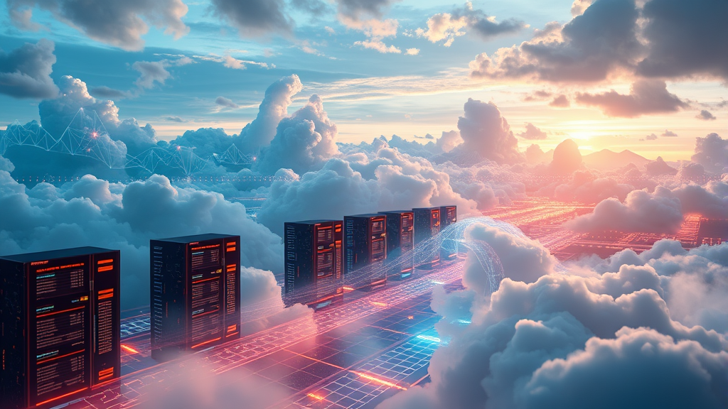 Cloud servers data network technology sunset fantasy digital scape