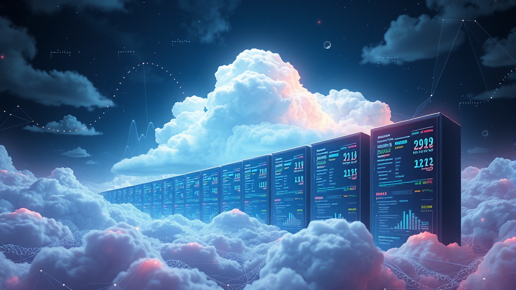 Cloud data servers in sky with digital graphs and charts