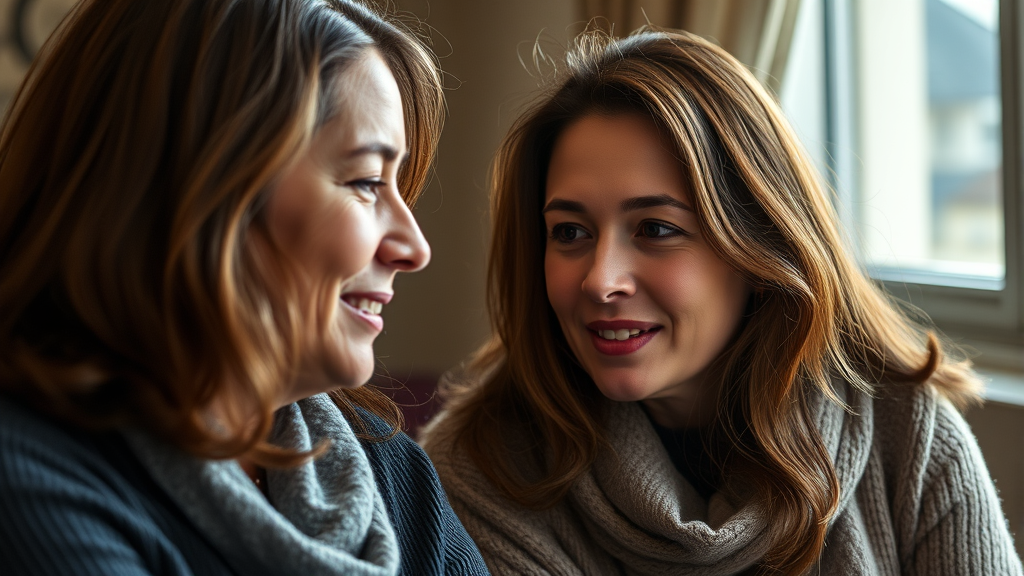 Compassionate woman listening carefully to another person, warm expression, emotional connection, natural…