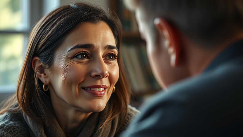Compassionate woman listening carefully to another person, warm expression, emotional connection, natural…