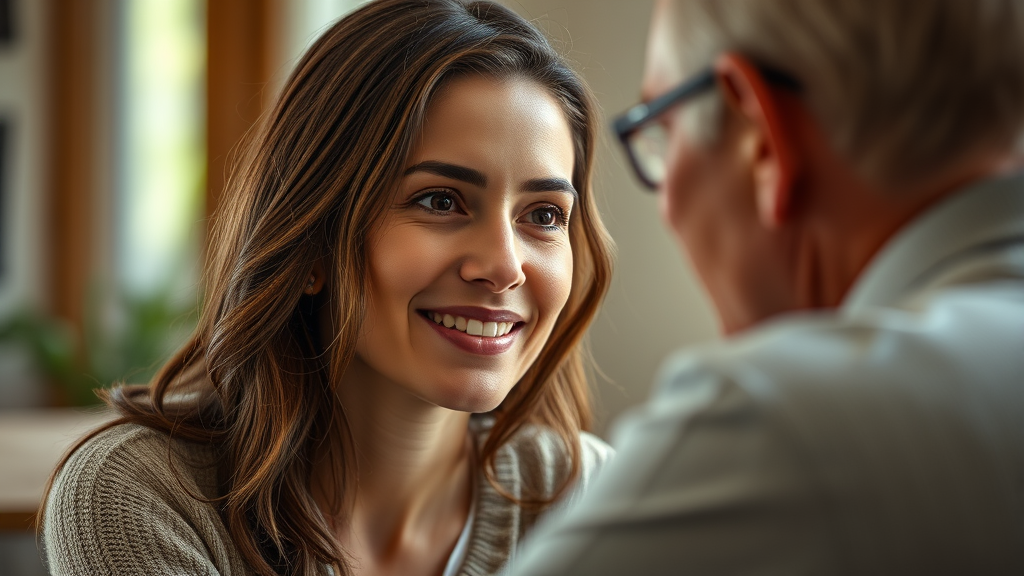 Compassionate woman listening carefully to another person, warm expression, emotional connection, natural…