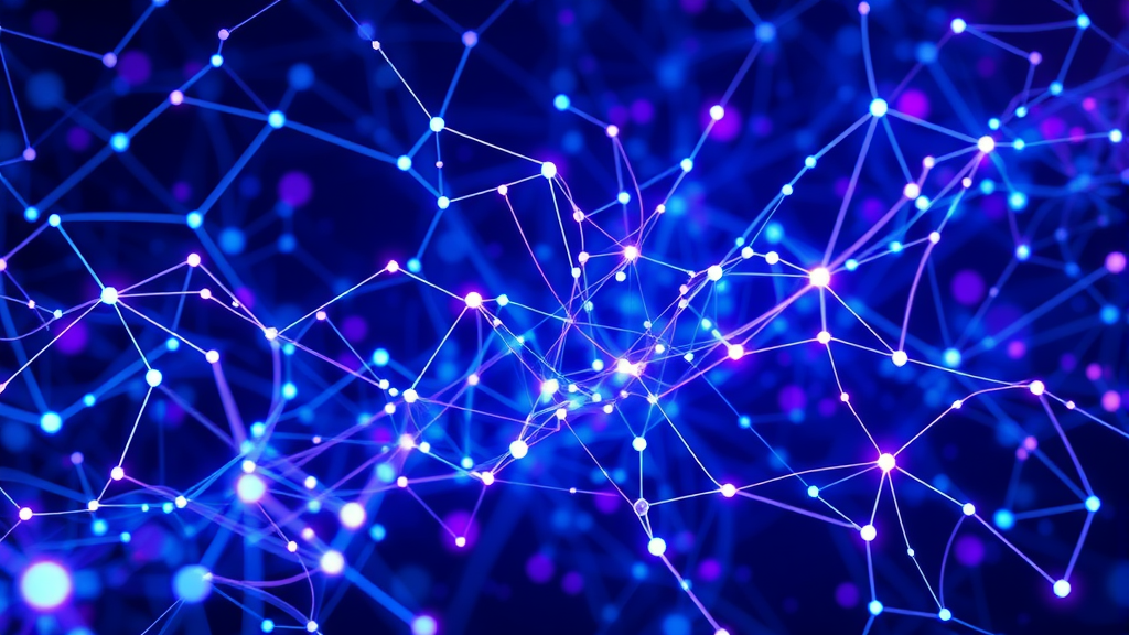 Complex machine learning neural network visualization with interconnected nodes, glowing data pathways,…