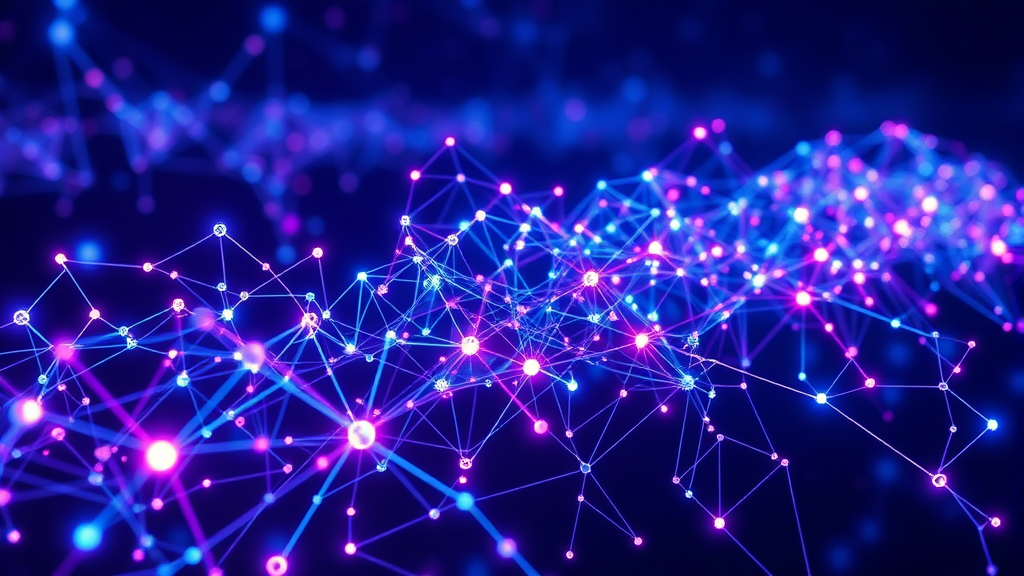 Complex machine learning neural network visualization with interconnected nodes, glowing data pathways,…