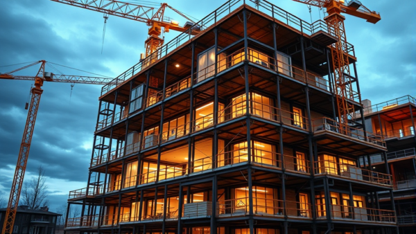 Construction building with cranes, modern exterior, evening light