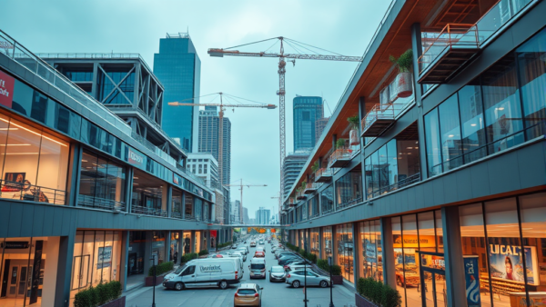 City street view with modern buildings and cranes