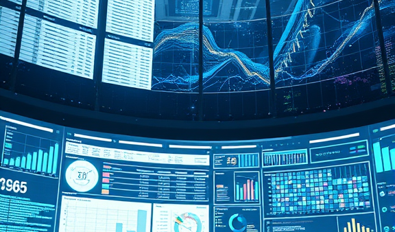 Data room analytics screens showing charts and graphs for analysis