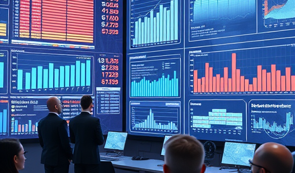 Business data analysis meeting in modern office with big screens