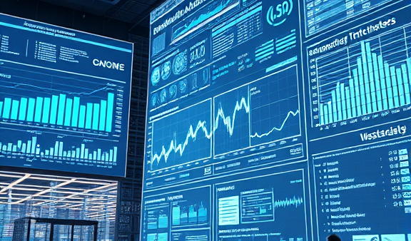 Tech data dashboard futuristic office scene with analysts observing screens
