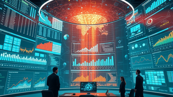 futuristic data dashboard room with people observing analysis
