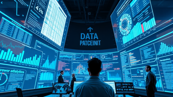 Data analysis room with glowing screens and people