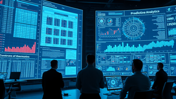 Data analysis room with predictive analytics dashboards and charts