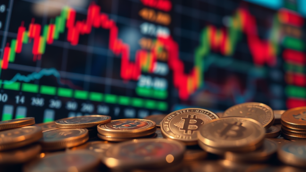 Gold Bitcoin coins on stock market chart background finance success