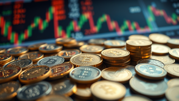 Bitcoin coins stacked near stock market graph finance concept