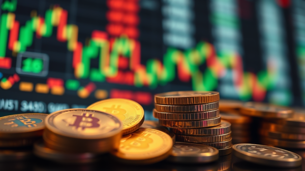 Bitcoin coins and crypto trading chart finance digital currency background