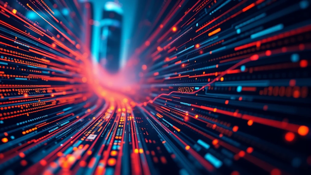 Abstract data stream digital art with glowing lines and code elements