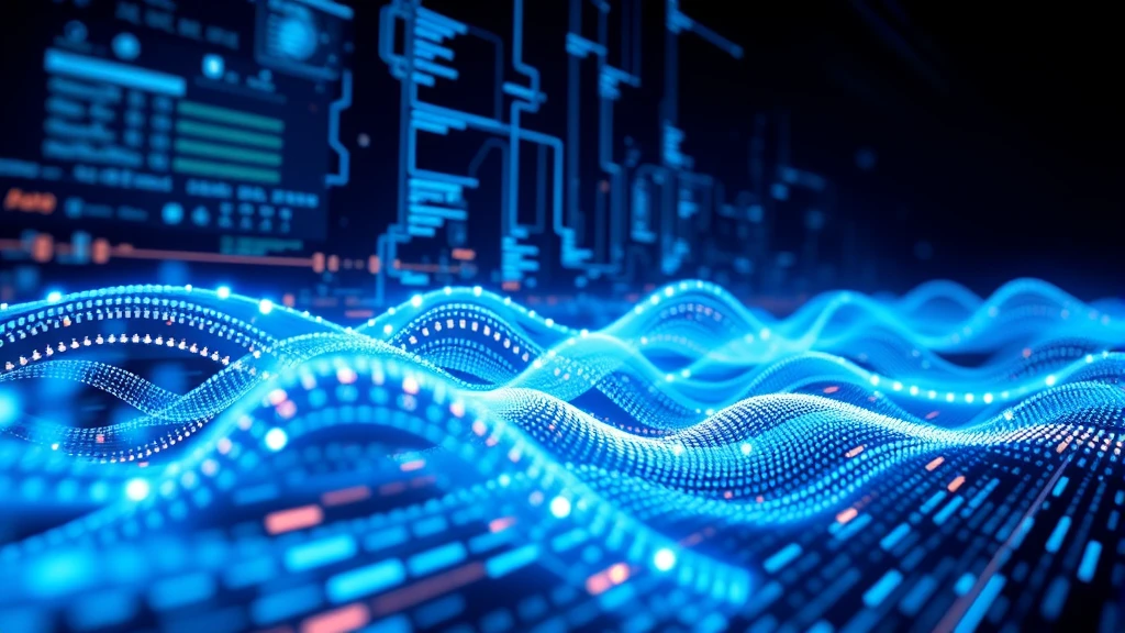 Digital blue wave pattern with data flow for tech backgrounds