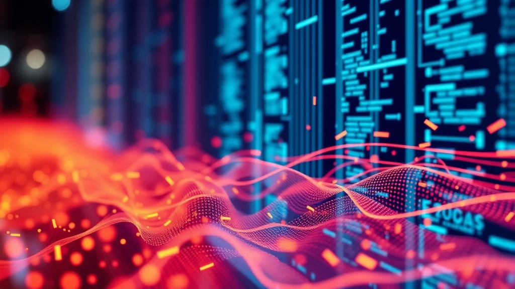 Digital Data Waves Futuristic Abstract Background with Blue Code and Red Energy Flow